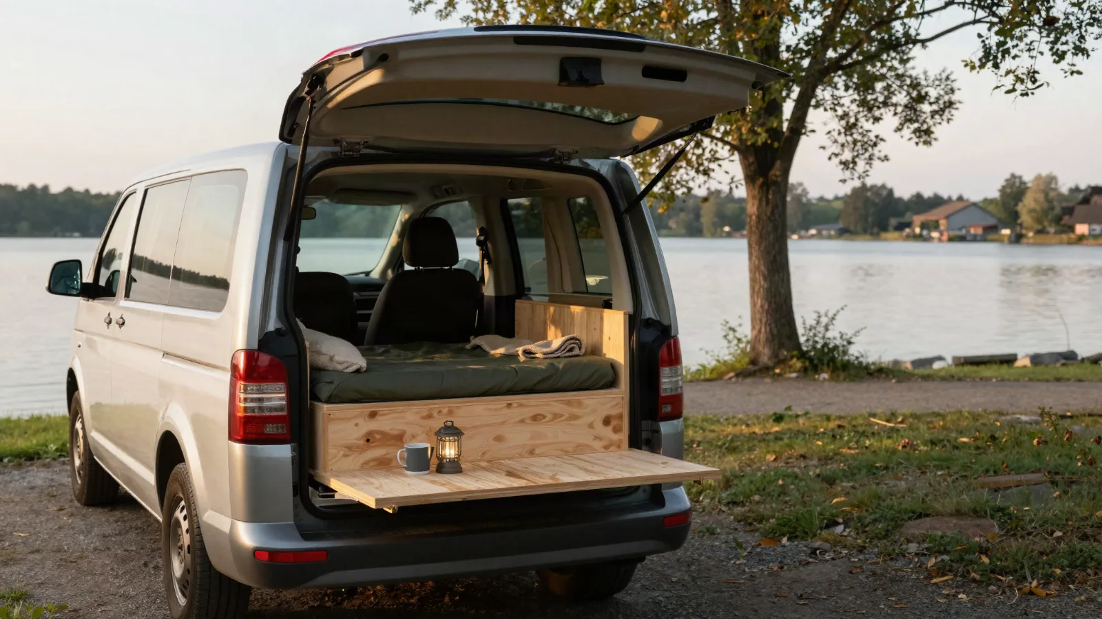 Kleiner Van am See mit offener Heckklappe und selbst gebautem ausziehbarem Holzbett (Symbolbild)