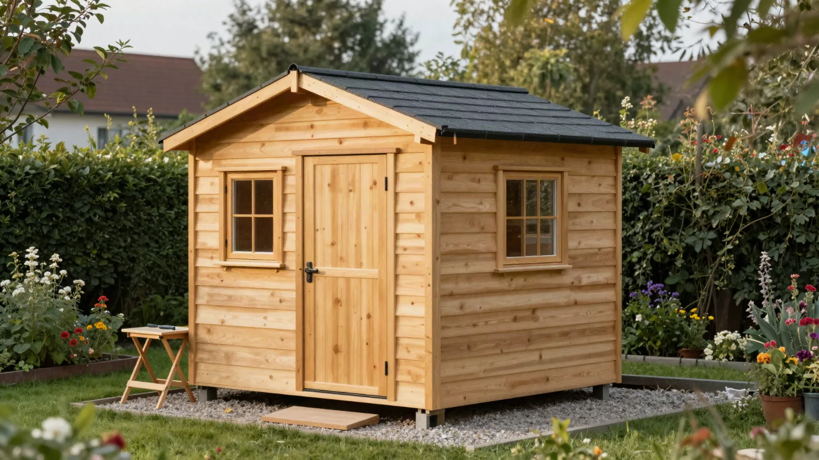 Selbst gebautes Holz-Gartenhaus mit Satteldach in einem Garten (Symbolbild)