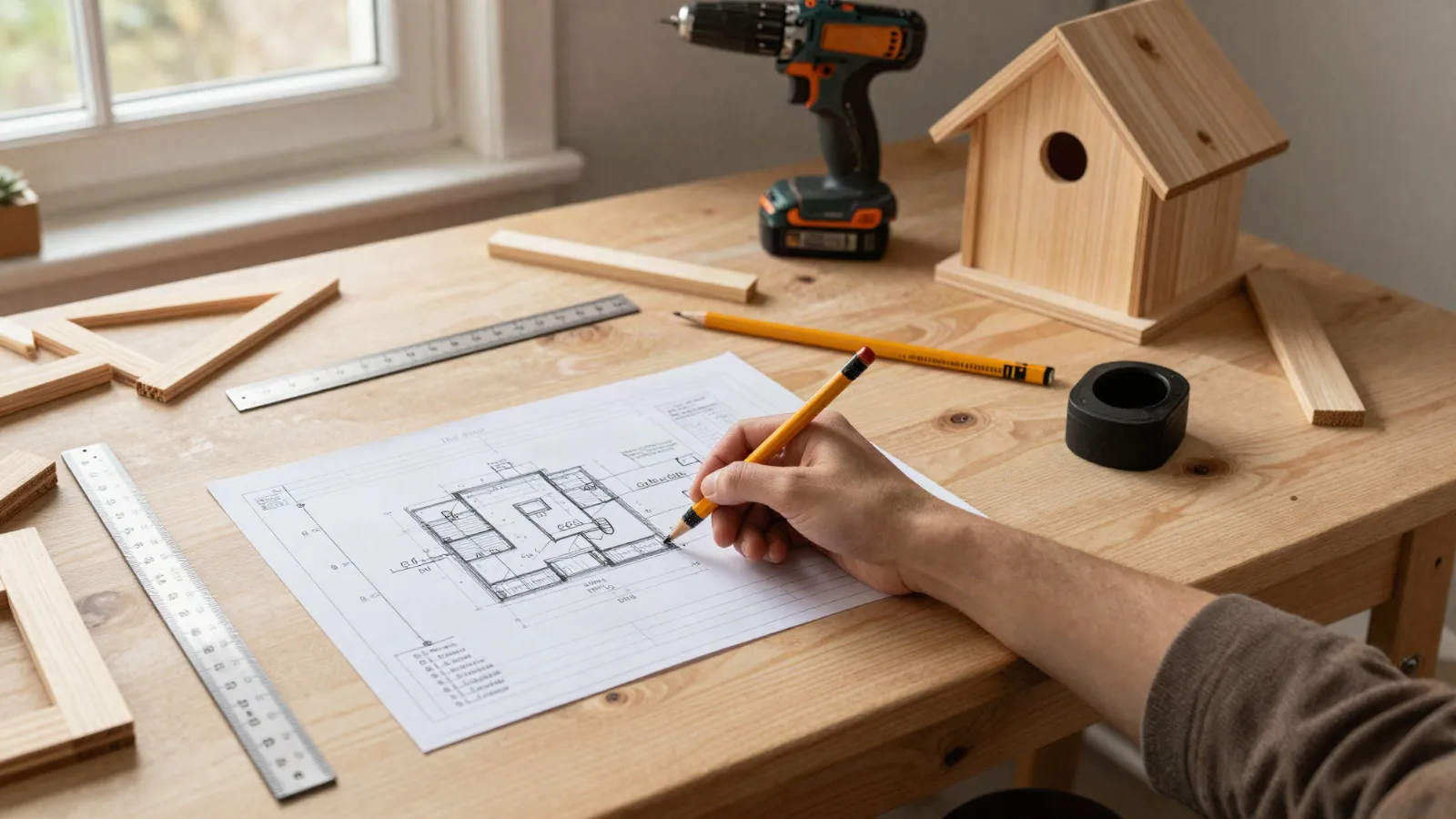 Werkbank mit ausgedrucktem Bauplan, Bleistift, Akkuschrauber und halb fertigem Vogelhaus (Symbolbild)